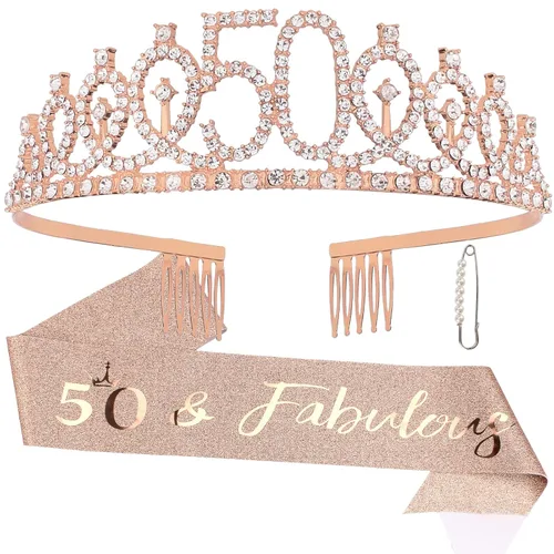 Semato Decoraciones de 50º Cumpleaños para Mujeres Kit de Banda y Corona de Cumpleaños - Regalos de 50º Cumpleaños para Mujeres Artículos de Fiesta