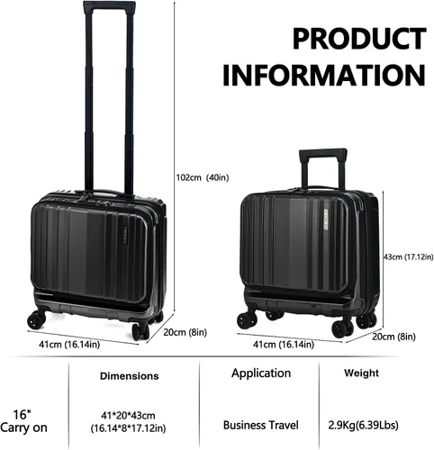 Miniatura 3 de TydeCkare Equipaje de mano de 16" con 2 compartimentos para portátil, Negro, 16 pulg., Negocios