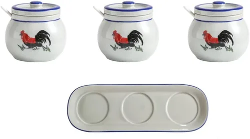 Tarros de especias retro de cerámica para condimentos, sal y glutamato monosódico, tarro de condimento para cocina casera con tapa, cuchara, aceite