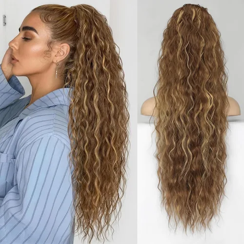 Miniatura 34 de KooKaStyle Extensión de cola de caballo con cordón de 26 pulgadas (66 cm) para mujeres, extensiones de cabello sintético rizado largo para uso