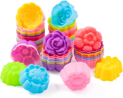 Miniatura 13 de R HORSE Paquete de 42 moldes de silicona para cupcakes con forma de múltiples flores, moldes antiadherentes para hornear muffins, moldes lavables