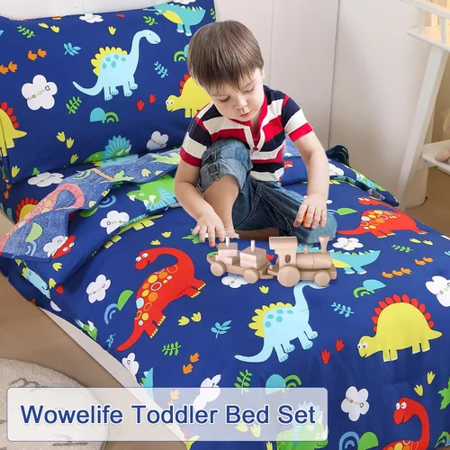Miniatura 2 de Juegos de ropa de cama para niños pequeños para niños, juego de edredón Premium de 4 piezas de dinosaurio para niños pequeños, cama azul en una