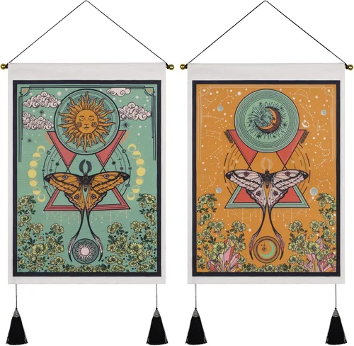 Miniatura 8 de Paquete de 2 tapices de sol y luna, tapiz blanco y negro con diseño de vid de flores, para colgar en la pared para habitación (13.8 x 19.7 pulgadas)