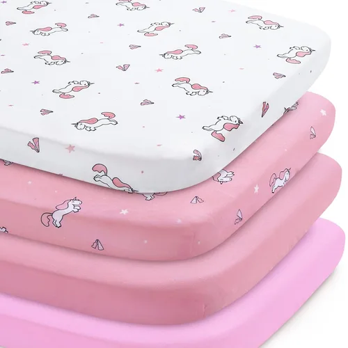 Juego de sábanas para mini cuna para niñas, paquete de 4, sábanas para mini cuna portátil para niñas (38" x 24") | Multiuso para Pack n Play,