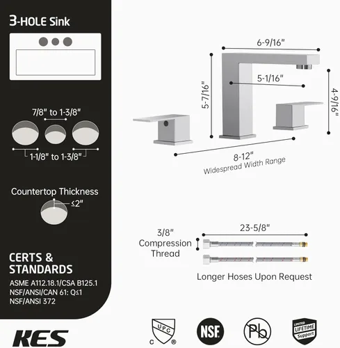 Miniatura 6 de KES Grifo de Lavabo de Baño de 8 Pulgadas Extendido Grifo de Baño de 3 Orificios Grifo de Tocador Manguera de Suministro Incluida SUS304 Acero