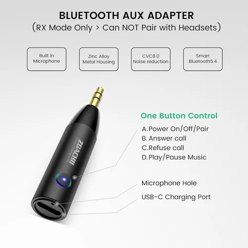Miniatura 4 de Adaptador auxiliar Bluetooth para automóvil, receptor inalámbrico Bluetooth 5.4 con conector de 0.138 in, tiempo de reproducción de 6 horas, estéreo