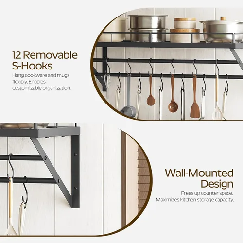 Miniatura 4 de YATINEY Estante para ollas, estante de pared de 30 pulgadas, organizador de ollas y sartenes de cocina con rieles colgantes de 2 niveles, 12 ganchos