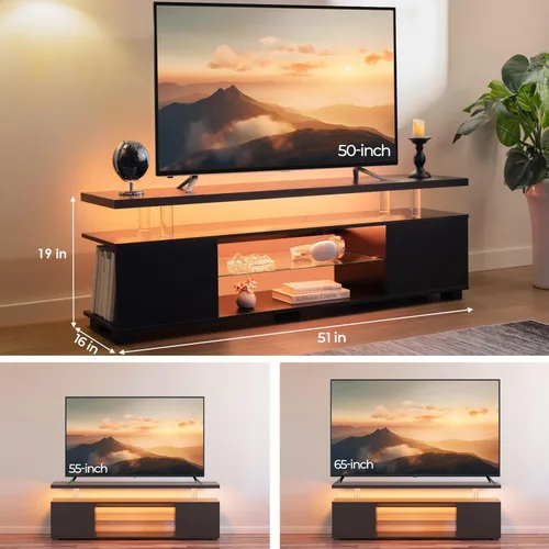 Miniatura 2 de Cubehom Soporte de TV negro, soporte de TV LED para sala de estar, centro de entretenimiento de cristal, mesas de consola de TV para sala de estar