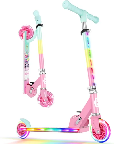 BELEEV V2 - Scooter para niños con ruedas y tallo y plataforma iluminados, scooter plegable de 2 ruedas para niñas y niños, 3 alturas ajustables,