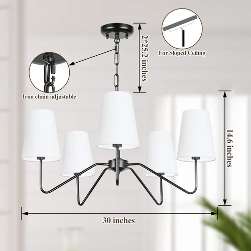 Miniatura 3 de Candelabro moderno de 5 luces de 30 pulgadas con pantallas blancas, lámpara colgante clásica para comedor, lámpara negra con base E12 lámpara