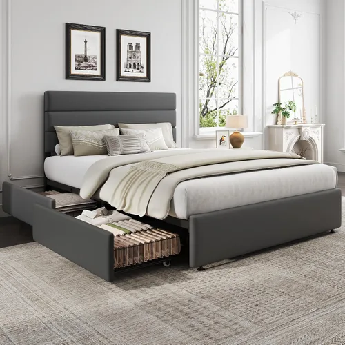 Miniatura 9 de WLIVE Base de cama tapizada tamaño Queen con 4 cajones de almacenamiento y cabecero, marco de cama de plataforma de terciopelo, soporte de listones