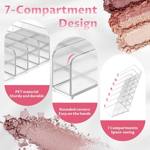 Miniatura 3 de Paquete de 4 organizadores de maquillaje de paleta de sombras de ojos, soporte cosmético acrílico de 7 secciones para tocador, cajón, baño