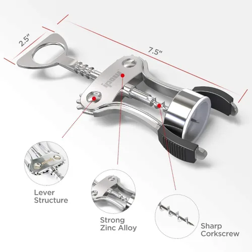 Miniatura 7 de IPOW Abridor de vino, abridor de botellas de vino de aleación de zinc, sacacorchos de ala resistente, tornillo de corcho multifuncional manual