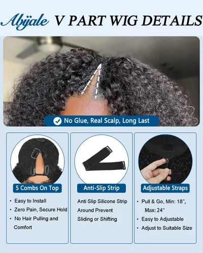 Miniatura 3 de Pelucas de Cabello Humano Rizado Birmano con Parte en V Densidad del 200% Actualización Pelucas de Cabello Humano con Parte en U con Cordón