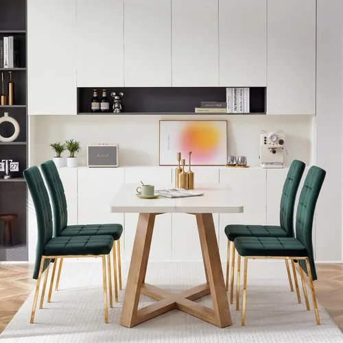 Miniatura 15 de Howtek Juego de mesa de comedor rectangular para 4, moderno de mediados de siglo con 4 sillas de cocina de terciopelo tapizado negro, juego de mesa