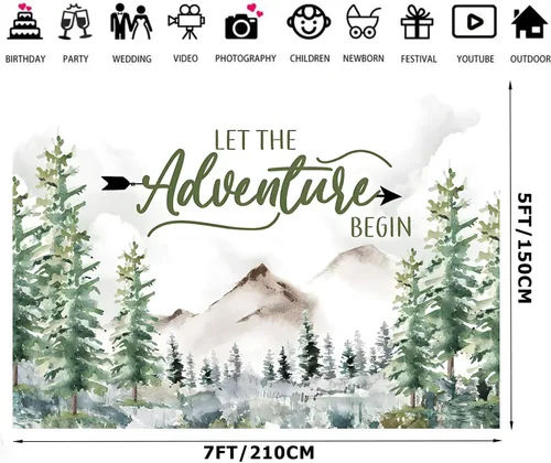 Miniatura 2 de Decoración de baby shower de bosque de 7 x 5 pies, telón de fondo de aventura espera telón de fondo Let The Adventure Begin Banner F73