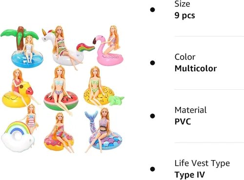 Miniatura 8 de Juego de 9 flotadores de piscina, accesorios de natación para muñecas de niña, divertido anillo de fiesta en piscina, soporte inflable para bebidas