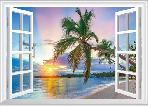 Miniatura 12 de FLFK Adhesivo de pared con ventana falsa - Mural de pared con ventana falsa de atardecer en la playa para decoración de pared, adhesivos de pared