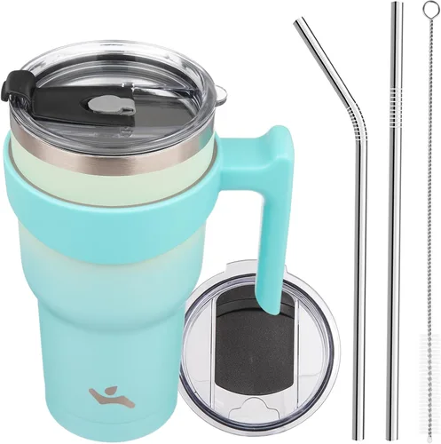 Miniatura 50 de Konokyo - Vaso de 10 onzas con asa y 2 popotes, 2 tapas, botella de agua aislada de acero inoxidable, taza de viaje reutilizable, color verde militar
