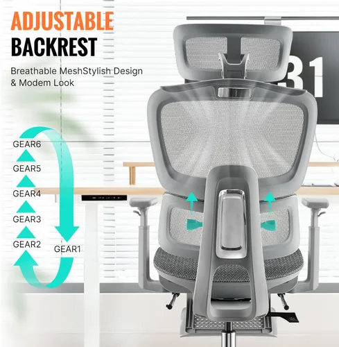 Miniatura 8 de Silla de oficina ergonómica, silla de escritorio de malla para el hogar, cómoda silla de juegos con reposapiés, ruedas, reposacabezas 2D ajustable