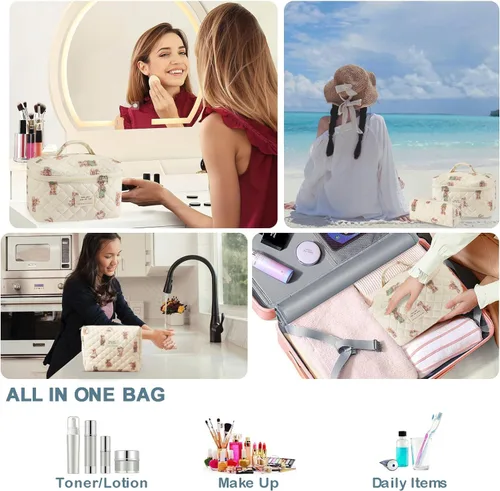 Miniatura 6 de Juego de 3 bolsas de maquillaje acolchadas de algodón, bolsa de cosméticos de algodón floral, bolsa organizadora de viaje para mujeres y niñas (oso)