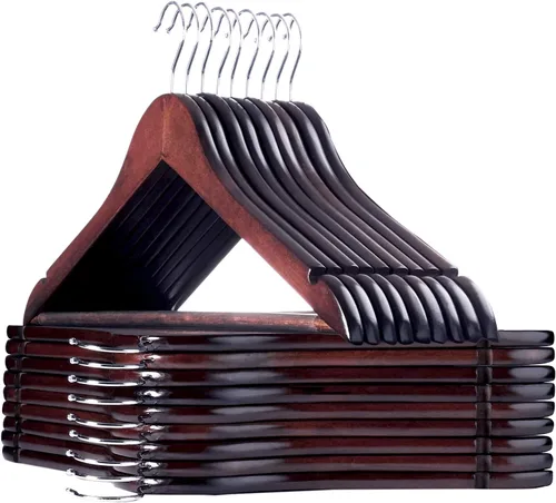 Miniatura 9 de Paquete de 18 perchas de madera resistente con acabado extra suave, muescas cortadas con precisión y gancho giratorio cromado de 360 grados, perchas