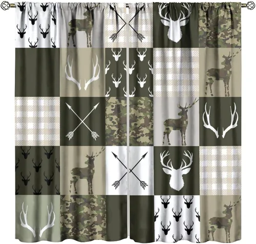 Cortinas vintage para ventana, diseño de oso y ciervo, granja occidental, campaña, campestre, vida silvestre, camuflaje, temas de caza, cortinas