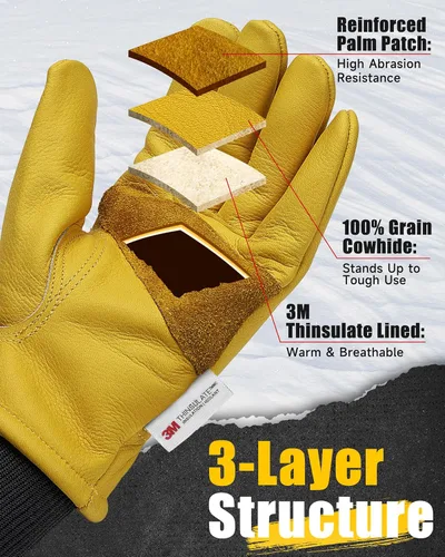 Miniatura 2 de DULFINE Winter Leather Work Gloves for Men and Women,3M Thinsulate Lining for Cold Weather Work, Thermal Insulated Gloves Amarillo/muñeca de punto
