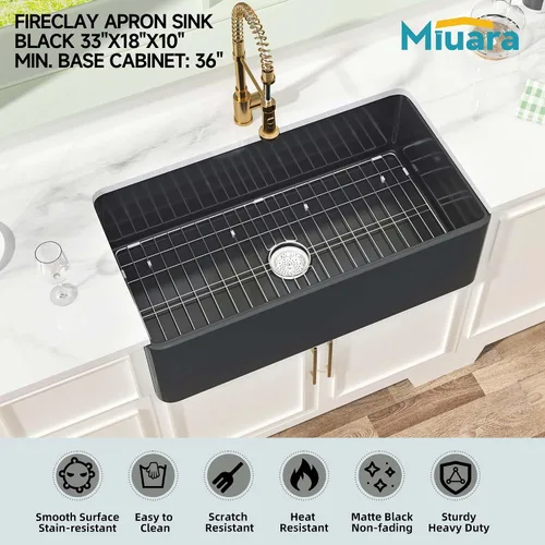 Miniatura 2 de Miuara Fregadero de Granja Negro de 33 Pulgadas - Fregadero de Cocina Grande de Frente con Delantal Tazón Individual 33"x18"x10", Instalación Bajo