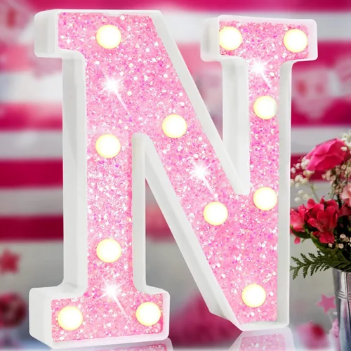 Miniatura 28 de Letras rosas iluminadas, letras del alfabeto con purpurina, letras LED de marquesina, que funcionan con pilas, para iluminar por la noche