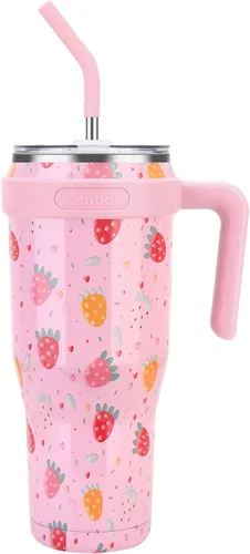 Miniatura 11 de Zenbo Vaso térmico de 50 onzas con asa y tapa con popote, vasos aislados de acero inoxidable, mantiene las bebidas frías hasta 34 horas, cabe