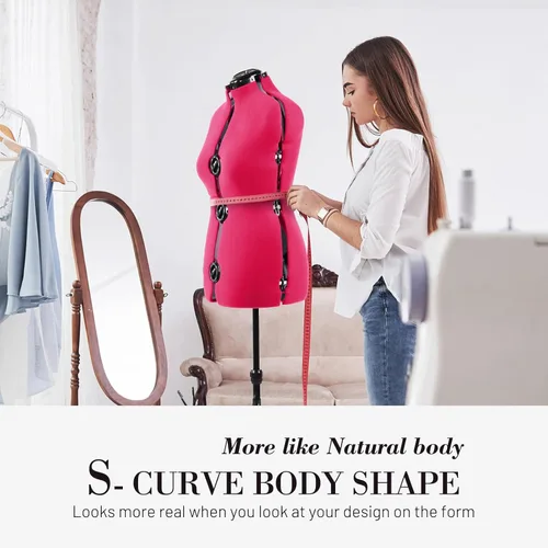 Miniatura 6 de Maniquí Ajustable Rosa para Vestidos de Costura Femenino Talla 6-14, Cuerpo de Modelo Pinchable con 13 Diales y Guía de Dobladillo de 360 Grados