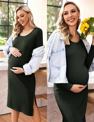 Miniatura 2 de Ekouaer Maternity Dress Rib Knit Long Sleeve Side Slit Bodycon Dresses Pregnancy Baby Shower Clothes S-XXL