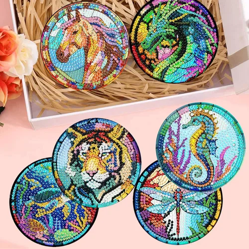 Miniatura 4 de Meothan Juego de 8 posavasos de arte de diamante para adultos con soporte, almohadillas de corcho, posavasos de arte de puntos de diamante de vidrio
