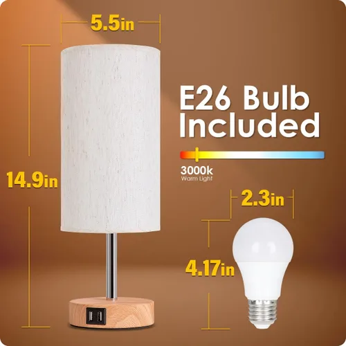 Miniatura 6 de Yarra-Decor Lámparas de noche con puerto USB, lámpara de mesa con control táctil para dormitorio, de madera, de 3 vías, regulable, juego de 2
