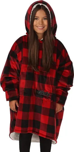 THE COMFY Original Jr para niños | Manta de sherpa de forro polar de gran tamaño con capucha y bolsillo | Vista en Shark Tank Cuadros rojos