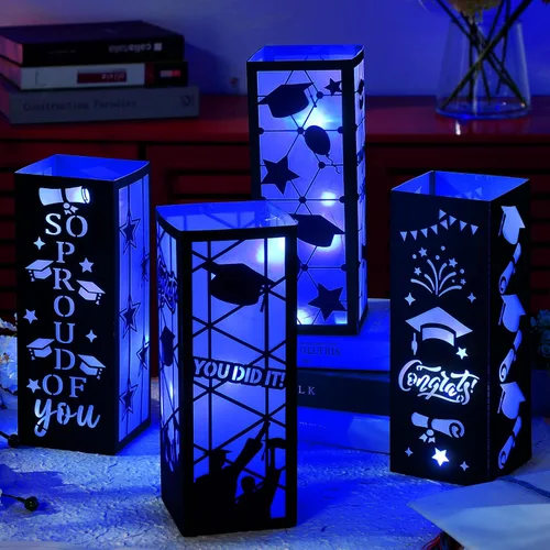 Miniatura 2 de Feifeiya 4 piezas de centros de mesa de graduación 2026, faroles de mesa de graduación de clase 2026 con tira de luces LED para felicitaciones, Azul