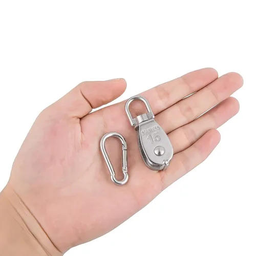 Miniatura 6 de 2 piezas de bloque de polea simple de acero inoxidable 304 M15, cable de alambre colgante rueda de remolque, con 2 piezas de ganchos de resorte a