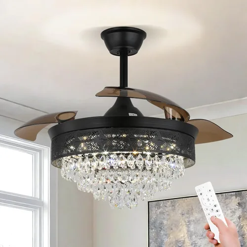 Miniatura 12 de Candelabro negro de 42 pulgadas con luz LED moderno ventilador de techo de cristal con luz regulable, lámpara LED invisible 3 en 1 color con función