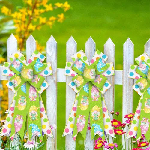 Miniatura 5 de Estivaux Arcos grandes de Pascua para corona, lazos de corona de Pascua, lazos de arpillera verde y blanco, huevos, lunares, conejos, gnomos, arcos
