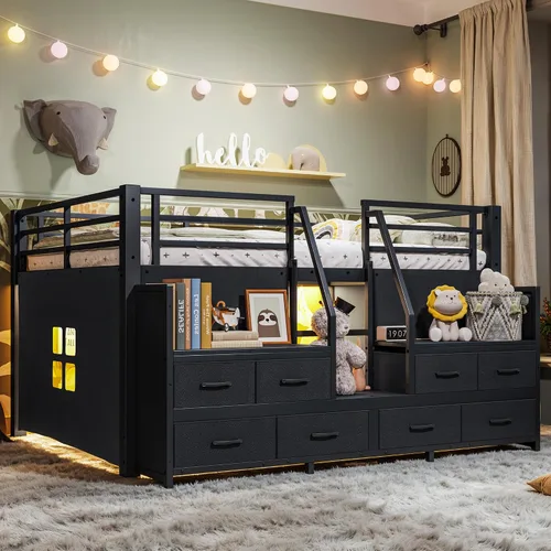 Miniatura 14 de Bellemave Twin Size Low Loft Bed with 8 Fabric Storage Drawers,Metal Loft Bed Frame with Shelves and LED Lights for Boys Girls,Kids Loft Bed Twin