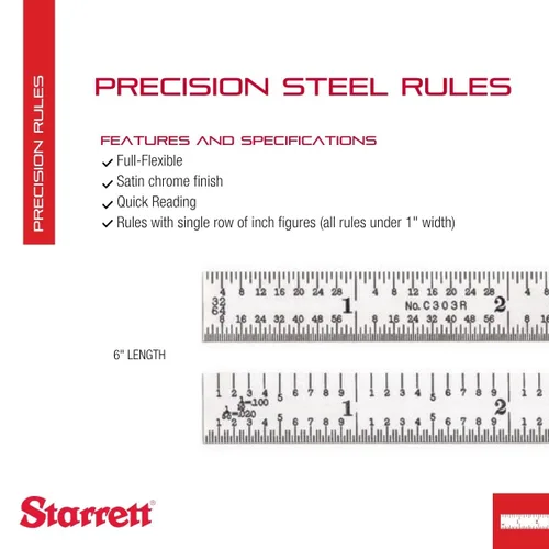 Miniatura 2 de Starrett Regla de acero totalmente flexible con acabado cromado satinado, lectura rápida y graduación en pulgadas, graduación 3R, 6 pulgadas
