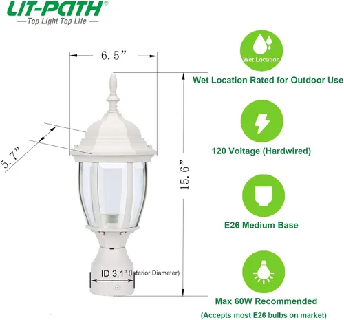 Miniatura 6 de LIT-PaTH Farol de poste de iluminación para exteriores, base mediana E26 máx. 60 W, carcasa de aluminio más vidrio, acabado blanco mate, paquete de 1