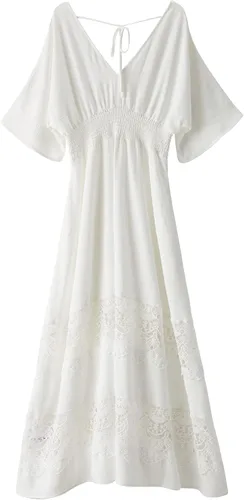 Miniatura 89 de Vestido largo de encaje para mujer de manga corta y cuello en V, vestido de fiesta estilo bohemio con cintura fruncida, vestido bohemio para mujer