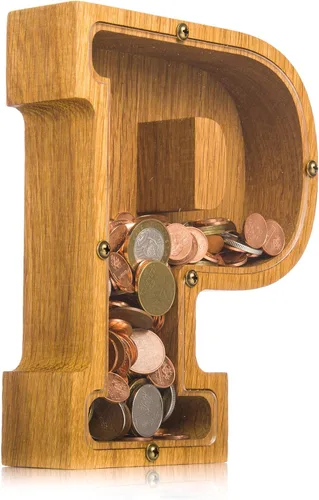 Miniatura 15 de Alcancía de madera personalizada con letra para niños, niñas y adultos, bancos de monedas de madera de roble duradero, 3 tamaños para elegir