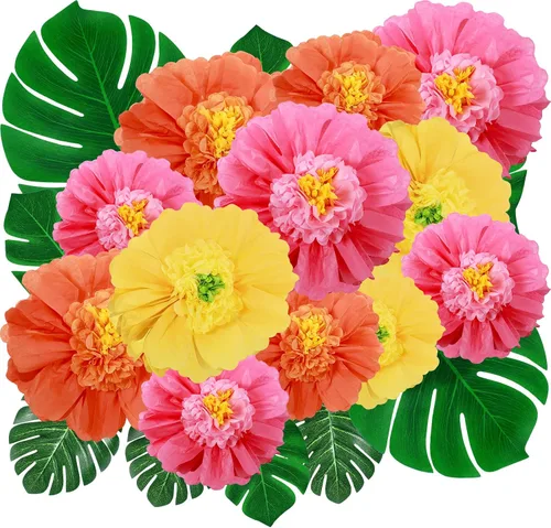 Miniatura 7 de Canlierr Paquete de 40 suministros de decoración de fiesta tropical, papel de seda grande, flores de hibisco, hojas de palma sintéticas, juego
