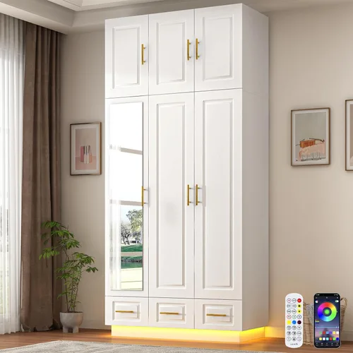 Miniatura 9 de Hlivelood Armario Grande Ropero Gabinete con Cajones y Luces LED, Estantes de Múltiples Niveles, Barra para Colgar, Armario de Gran Capacidad