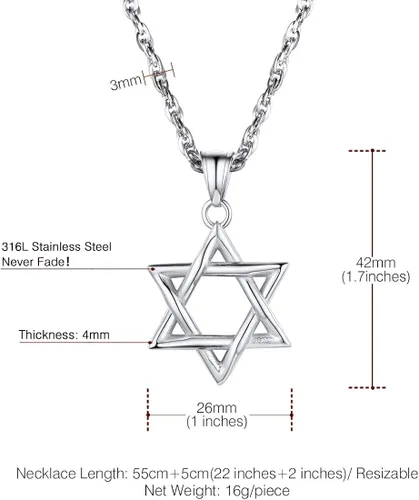 Miniatura 5 de U7 Star of David Necklace for Men Women GoldStainless Steel Hexagon Pendant with CrossRuby StoneClassic Jewish Isael Necklaces, Length 22" 24" 26
