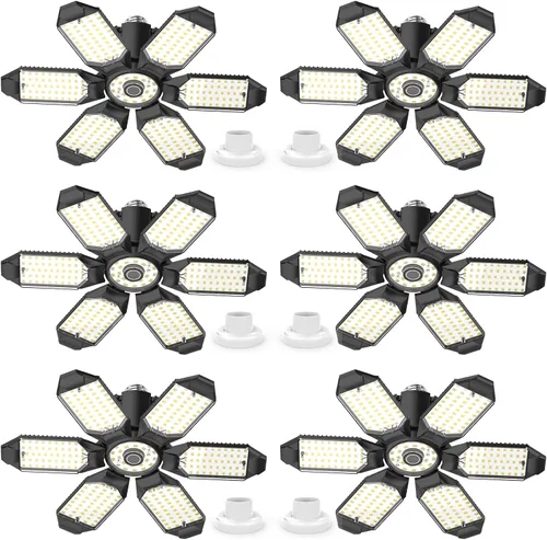 Luces LED de garaje, paquete de 6 luces LED de techo superbrillantes de 200 W, base E26/E27, 6500 K, 22000 lúmenes, luz de garaje deformable ideal