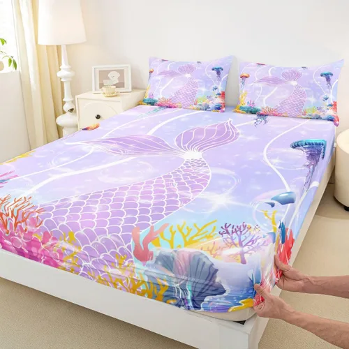 Miniatura 6 de Erosebridal Juego de sábanas tamaño individual de cola de sirena para niños, decoración de habitación de sirena, sábana bajera ajustable